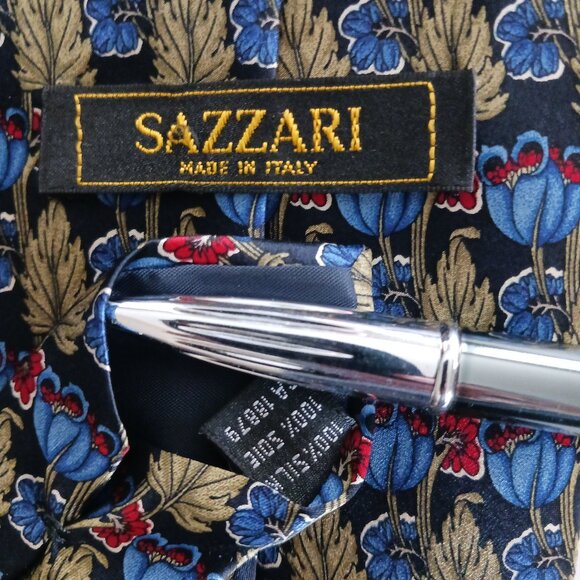 Sazzari Men's Necktie Silk Made in Italy Formal Blue Green leaf red flower 4X57" - Picture 3 of 5